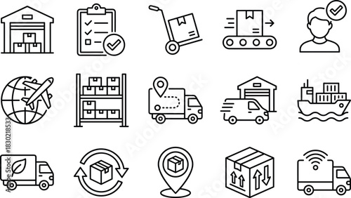 Logistics and Delivery Icons for Warehouse, Shipping, Transport, Supply Chain, Inventory, Tracking, Freight, Courier, Eco, and Smart Services