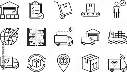 Logistics and Delivery Icons Set for Warehouse, Shipping, Transportation, Supply Chain, Inventory, Tracking, Freight, Courier, and Distribution Services