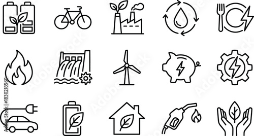 Set of 15 Sustainability and Renewable Energy Icons Including Electric Car, Wind Turbine, Biofuel, Eco Home, and Water Conservation