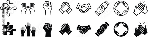 Unity and Teamwork Icons Set Representing Cooperation, Solidarity, Support, Partnership, Togetherness, Collaboration, Connection, Mutual Help, and Community Spirit