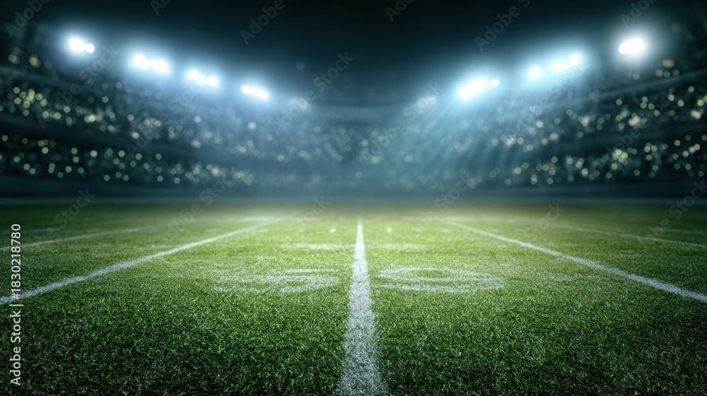 Obraz premium Football field, bright lights shine on green grass in a packed stadium