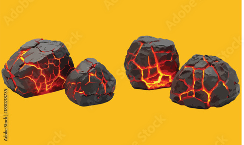 Realistic glowing lava rocks featuring cracked magma texture and fiery patterns — perfect for digital art, backgrounds, gaming design, or geological illustrations.