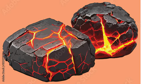 Realistic glowing lava rocks featuring cracked magma texture and fiery patterns — perfect for digital art, backgrounds, gaming design, or geological illustrations.