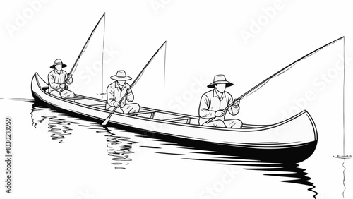 Three people fishing from a canoe on a calm lake.