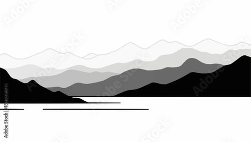 Monochromatic Mountain Range Silhouette with Water Reflection.