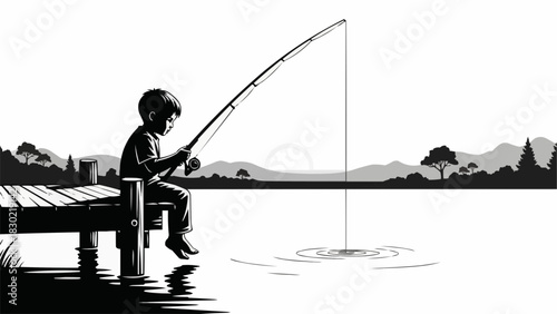 Young boy fishing from a wooden dock enjoying a peaceful day outdoors.