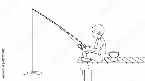 Young boy fishing from a dock with a fishing rod.