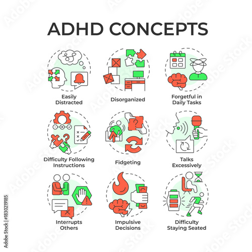 ADHD multi color concept icons. Social communication, brain illness. Task management, impulsive decisions. Icon pack. Vector images. Round shape illustrations for blog post, booklet. Abstract idea