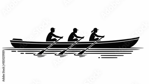 Silhouette of a rowing team of three people in a boat.