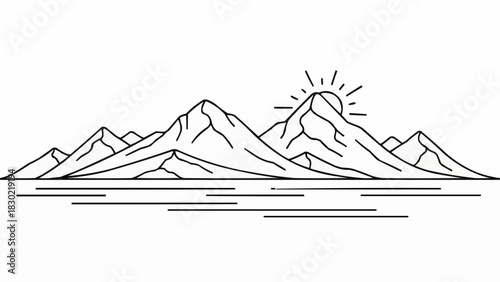 Minimalist line art drawing of a mountain range with a rising sun.