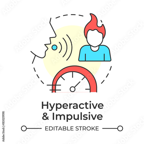 Hyperactive and impulsive multi color concept icon. Self control. Social interaction, emotional regulation. Round shape line illustration. Abstract idea. Graphic design. Easy to use in blog post