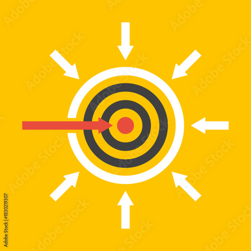 rad arrow going through border and many white arrows near barrier, leadership or teamwork concept, successfully innovation business strategy infographics