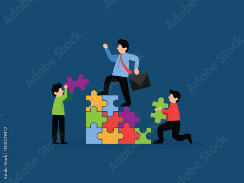 Business leadership and collaboration concept. Team members working together to build staircase. Successful team reaching goal by assembling jigsaw puzzle piece staircase