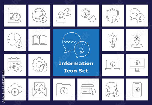 Business and General Information Line Icon Set: Data, Reporting, Help, Knowledge, Documents, and Communication Symbols. Vector Outline.
