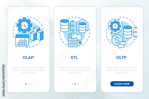 Data processing types blue onboarding mobile app screen. Walkthrough 3 steps editable graphic instructions with linear concepts. UI, UX, GUI. Montserrat SemiBold, Regular fonts used
