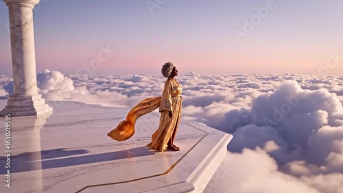 Dreamy depiction of a person on a heavenly structure amidst clouds, symbolizing aspiration, freedom, and the unknown with golden fabric flowing in the wind