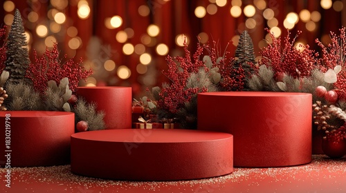 Christmas podiums with pine trees, garlands, ornaments, warm lights, golden accents, and gift boxes arranged on a realistic floor, creating a festive and hyper-realistic holiday scene.