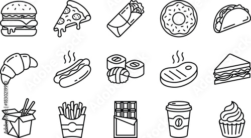 Outline vector icons of popular fast food, snacks, and street food like burgers, pizza, coffee, and sweets, illustrating global cuisine and dining.