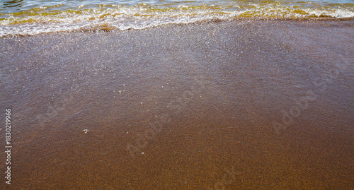 Close-up of Murky Water Washing onto Wet Dark Brown Shore Sand Texture Background