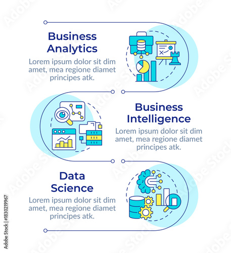 BI analysis techniques infographic vertical sequence. Business intelligence, data science. Visualization infochart with 3 steps. Circles workflow. Montserrat SemiBold, Lato Regular fonts used