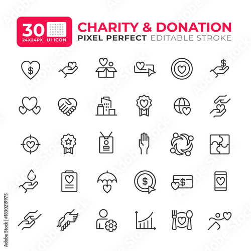 Charity organization line ui icons set. Gathering voluntary donations. Giving support to people in need. Isolated vector outline symbols iconography. User interface elements linear, pixel perfect
