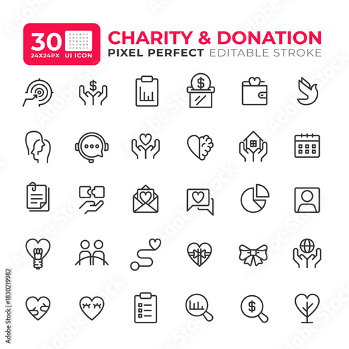 Donation and charity line ui icons set. Volunteering activities. Non profit organization work. Isolated vector outline symbols iconography. User interface elements linear, pixel perfect
