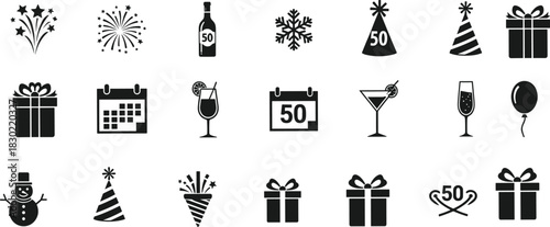 Black silhouette 50th birthday and celebration icons set, featuring fireworks, party hats, champagne, and gift boxes, stock vector graphics.