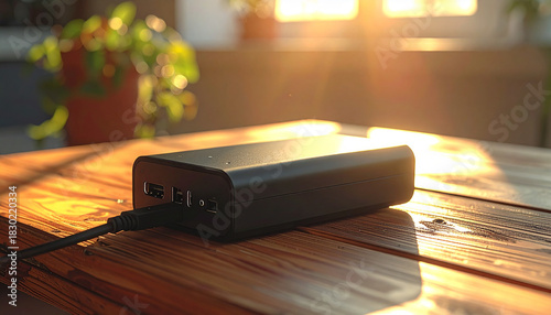 Black portable power bank with multiple ports on a wooden table at sunset portable charger