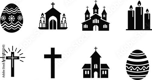 Black silhouette icon collection of Easter and Christian symbols, including eggs, church buildings, crosses, and burning candles, stock vector graphic.