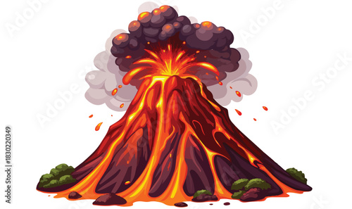Dynamic volcano eruption illustrations with glowing lava, smoke, fire, and magma flow — perfect for educational use, digital design, and natural disaster artwork.