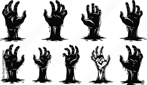 Black silhouette zombie hands collection rising from ground, horror concept vector graphic set for Halloween, death, and spooky themes.
