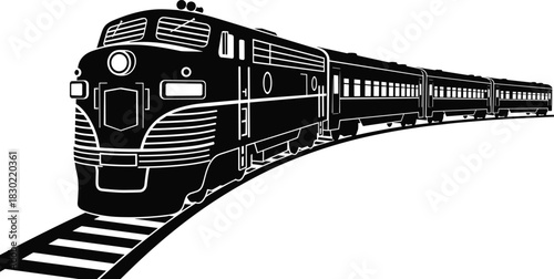 Classic streamlined passenger train black silhouette vector illustration, traveling on curved railway tracks, ideal for transport and travel graphics.