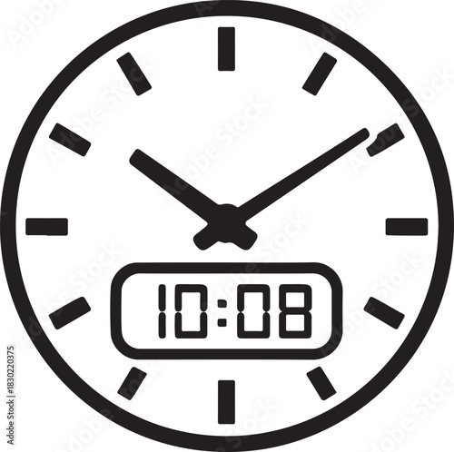 Hybrid clock icon featuring both traditional analog hands and a digital display showing 10:08 am or pm, symbolizing time management and punctuality. isolated on white background, Vector, illustration