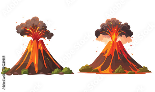 Dynamic volcano eruption illustrations with glowing lava, smoke, fire, and magma flow — perfect for educational use, digital design, and natural disaster artwork.