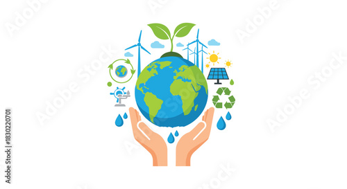 Concept of sustainability and environmental protection featuring hands holding the Earth, surrounded by green energy and recycling icons.