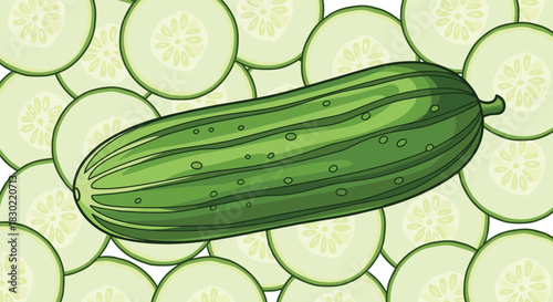 Freshly illustrated whole green cucumber and many translucent light green slices create a refreshing and healthy food background.