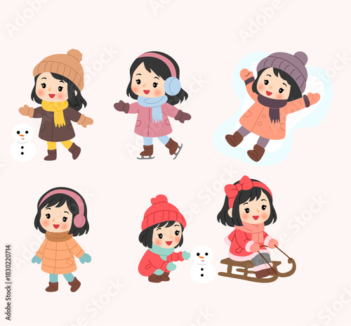 Cute Cartoon Girls Enjoying Winter Activities Collection