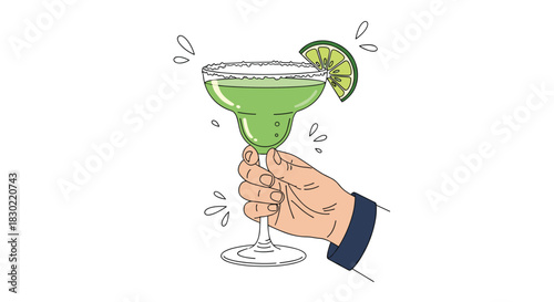 An illustrated hand confidently holds a classic green margarita cocktail, complete with a salted rim and a fresh lime garnish, evoking a celebratory mood.