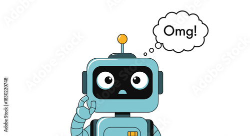 A surprised light-blue robot, wide-eyed and thoughtful with a hand on its chin, exclaims 'Omg!' in a thought bubble, illustrating a moment of shock.