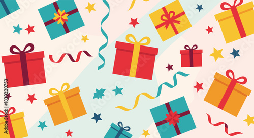 A vibrant and festive background pattern featuring colorful gift boxes, scattered stars, and curling ribbons, perfect for celebrations and special occasions.