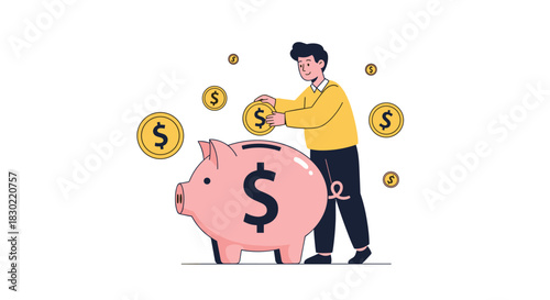 A young man carefully puts a dollar coin into a large pink piggy bank, symbolizing smart money saving and future financial planning.