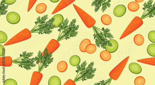 A cheerful seamless pattern with fresh orange carrots, both whole and sliced, accompanied by green vegetable circles on a light yellow background.