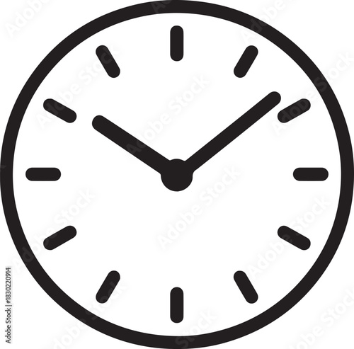 Simple minimalist black line art icon of a classic analog clock face with two hands and hour markers, symbolizing time, schedule, and deadlines isolated on white background, Vector, illustration