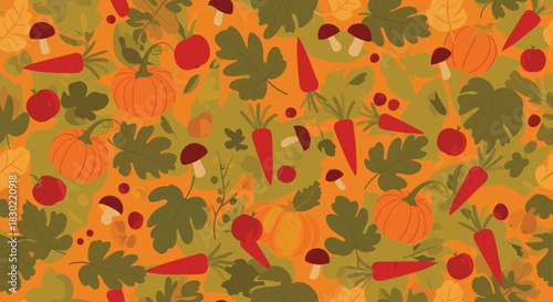 Bountiful autumn harvest seamless pattern with vibrant pumpkins, carrots, apples, and mushrooms nestled among colorful fall leaves.