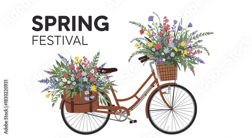 Two vintage-style bicycles adorned with vibrant bouquets of wildflowers, celebrating the joyful atmosphere of a spring festival.