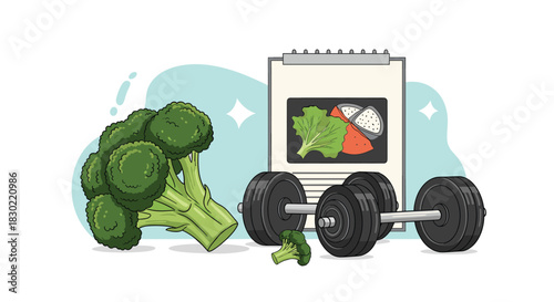 Broccoli, a dumbbell, and a meal plan on a clipboard symbolize a healthy lifestyle focused on nutrition and exercise.