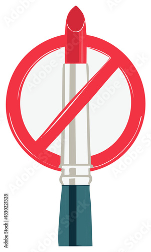 Red lipstick prohibited symbol over makeup brush with teal handle