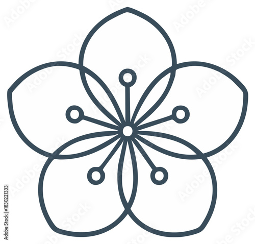 Stylized Flower Outline Illustration with Five Petals and Rounded Stamens