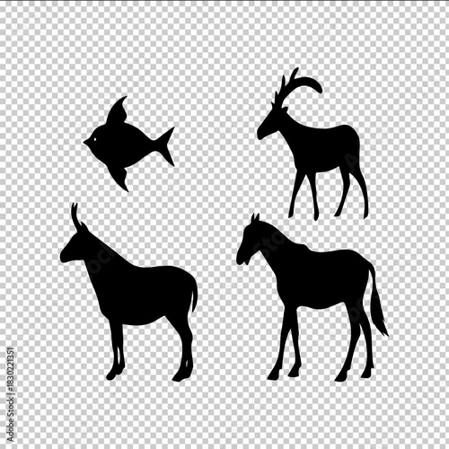 Collection of four animal silhouettes including a fish antelope donkey and horse