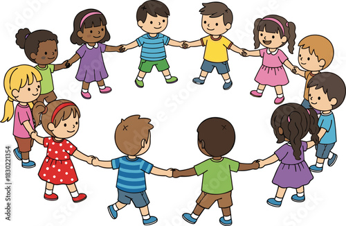 Group of happy diverse children holding hands in a circle playing games together cad drawing flat vector illustration